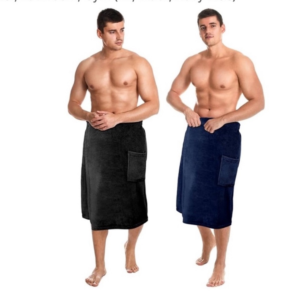 2 Men’s Body Terry Bath Wrap Towel Adjustable W/ Pocket Blue and Black (NEW)